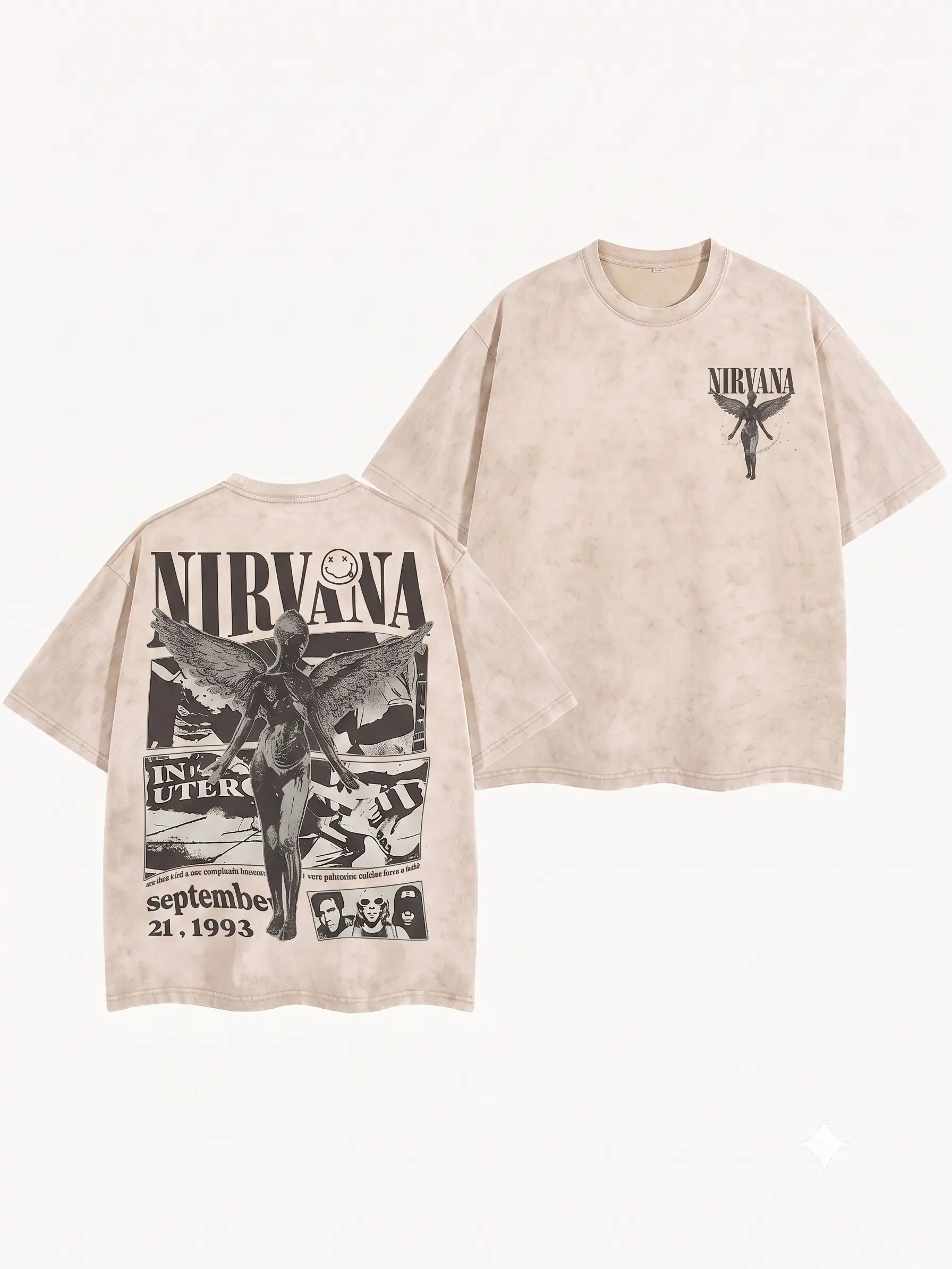 Menswear Oversized Men's Short-Sleeve Crewneck T-Shirt - Retro Limited Nirvana Band Tour 2-Sided Black Graphic Washed Heavyweight Cotton Unisex Top, Gift for Rock Music Lovers, Streetwear Casual Fit