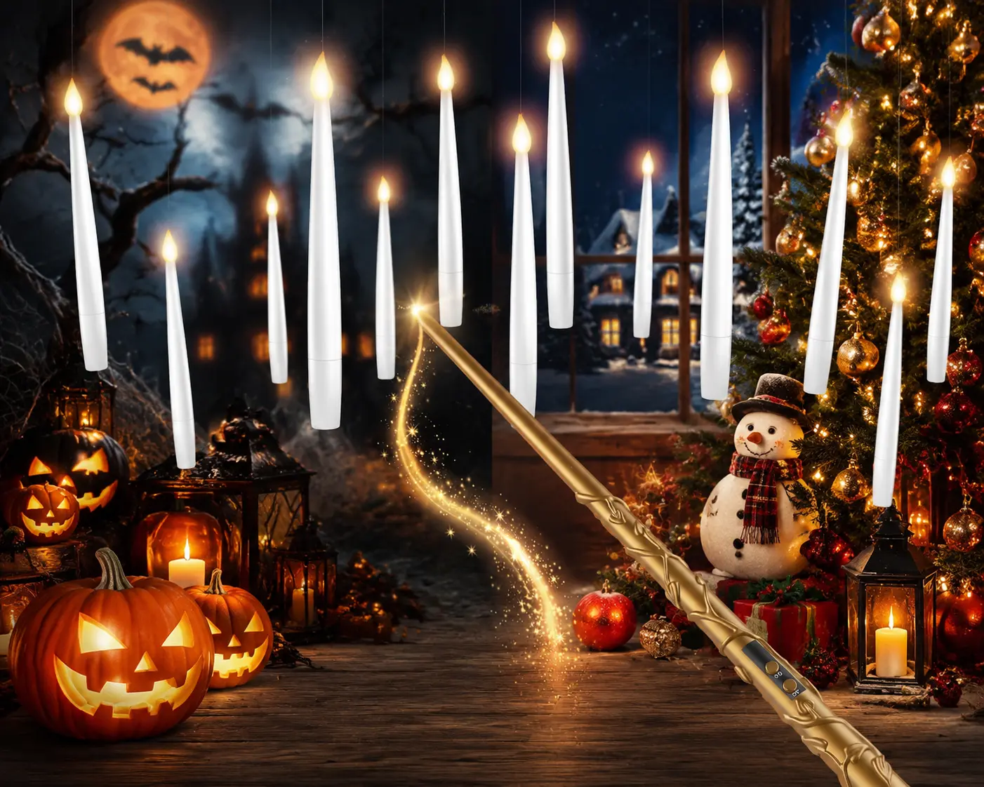 12-Piece Christmas Magical Flameless LED Floating Candles with Wand - Home Party Decorations, Illuminated Candles, Light Decor, Party Decorations, Magic Glow, Includes Remote Control & Batteries, Suitable for Indoor Outdoor Use