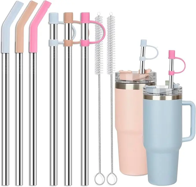 [Reusable Straw Set] 14pcs Tumblers Sparkling Reusable Straw Set with Lids for 40oz, 30oz, 20oz | Durable Plastic, Includes Cleaning Brush, Perfect for Kitchen & Dining