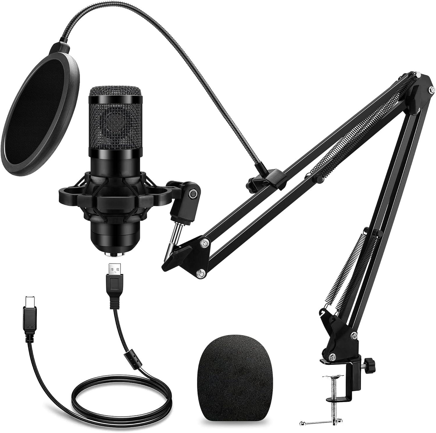USB Microphone,Professional Microphone 192kHz/24Bit Plug & Play PC Computer Microphone Condenser Cardioid Mic Kit with Adjustable Boom Arm Stand Shock Mount,for Podcast,Streaming,Studio Recording