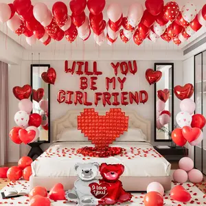 Red 'WILL YOU BE MY GIRLFRIEND' Balloons Sign,Valentines Day Decorations,Confession Letter Balloons with Red and Pink balloons,Love Foil Balloons and Rose Petals for Romantic Special Night Decorations