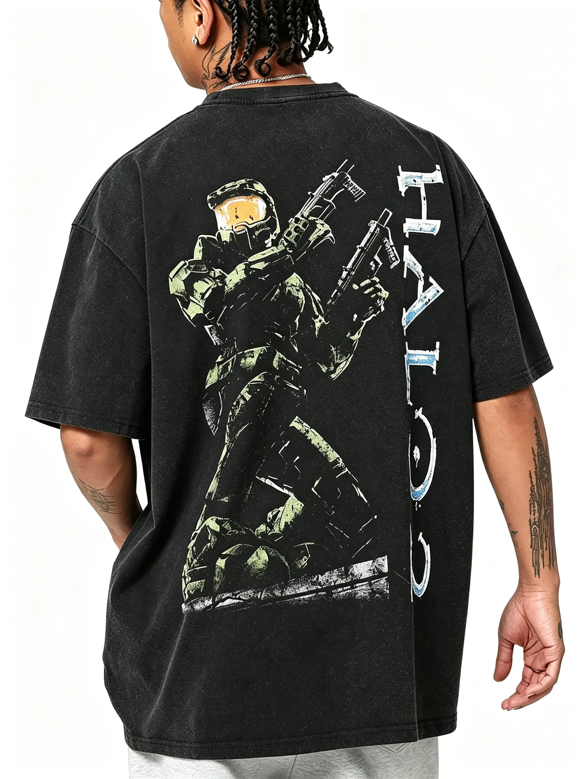Men's Vintage Washed Halo Master Chief Back Print Oversized Round Neck Short Sleeve Tshirt, Menswear Vintage Graphic Tees, Casual Streetwear, Halo Gamer Fan Mens Gifts, Black Crewneck Top, Gamer Stuff, Graphic Shirts, Men's T Shirts, Cotton Graphic Tees