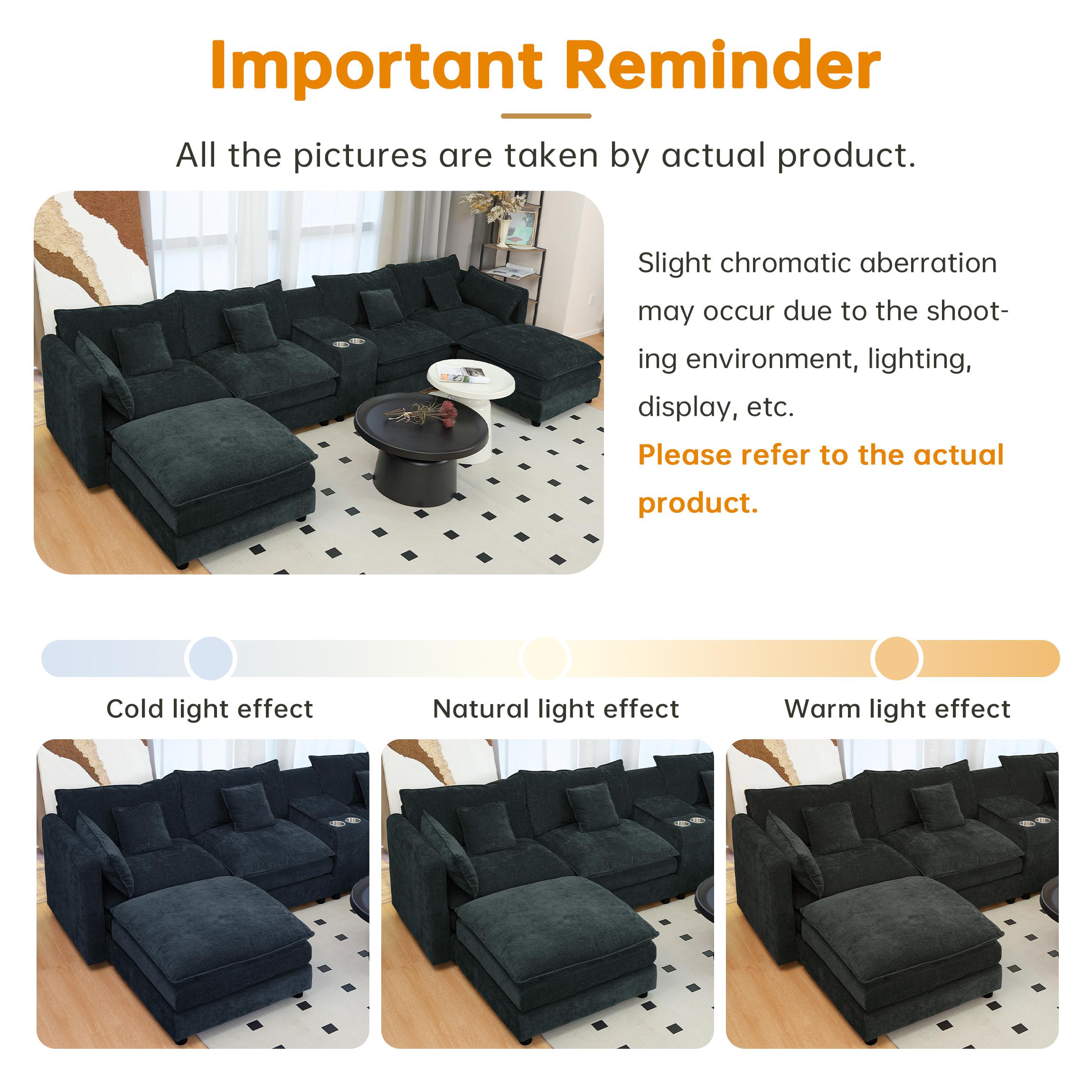 144" U-Shaped Sectional Cloud Couch – Modern Chenille Modular Sofa Set with 6 Seats, Movable Ottoman, Cup Holders & Hidden Storage Console, Comfy Fluffy Black Grey Sectional Sofa for Living Room or Apartment 20.27“ Seat Height