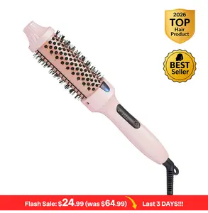 Thermal Brush, Blowout Wavy Boost 1.5 inch Heated Round Brush Look with LED Display, Dual Voltage, Pink, Less Damage, Hair Heated Curler Brush,Negative Ions Single,for wavy hair,hairstyling,long-lasting wave,Curling Irons,Detangler Straightening