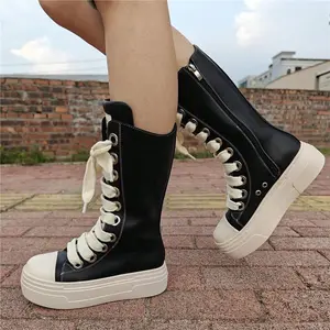 New Unisex Woman And Man Long Boots Black Platform Cross-Tied With Zipper Fashion Mid-Calf Boots Classic Sneakers Booties Girl Walking Shoes Footwear Lace