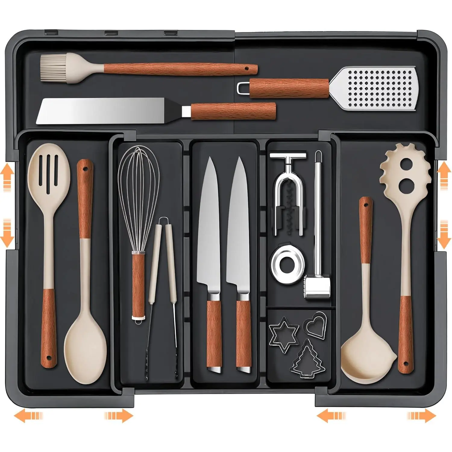 【SUHOPE】Summer Super Deal Utensil Drawer Organizer Tool Organizer Expandable Silverware Organizer for Kitchen Drawer Adjustable Cooking Utensil Holder Cutlery Flatware Tray Spatula Tools Gadgets Storage Dividers Plastic Black