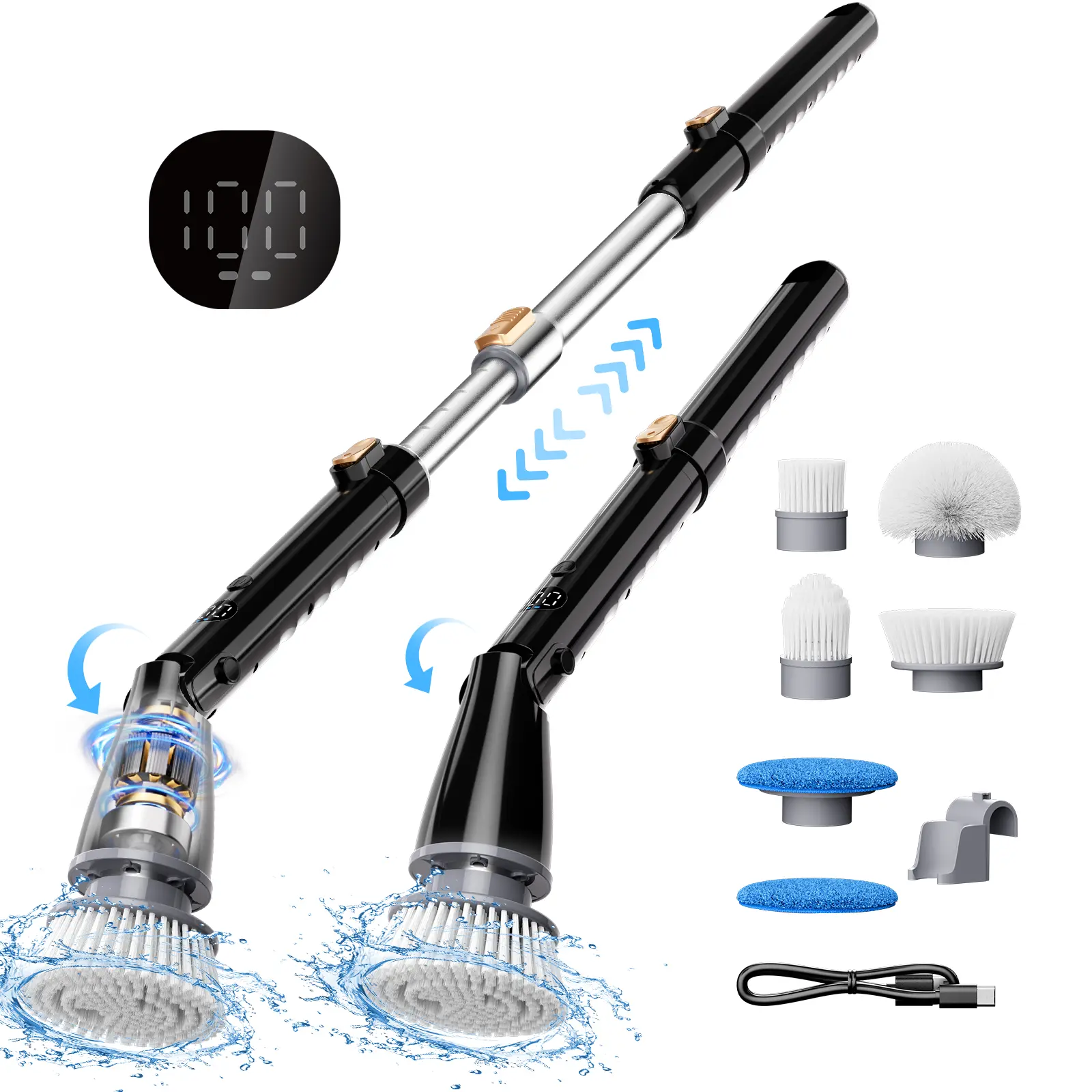 2026 Newly Upgraded Trucozie T355 Cordless Electric Spin Scrubber - Household Machine, Rechargeable, Portable, 440RPM, 90Mins Runtime, 3 Adjustable Angles & Sizes, 6 Replaceable Brush Heads, 2 Speeds, Metal Rod for Bathroom, Car Cleaning, Replaceable Head