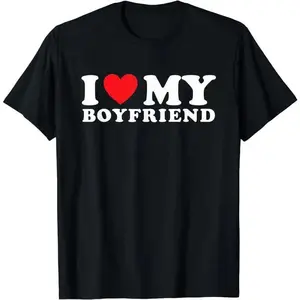 [100% Cotton]I Love My Boyfriend I Heart My Boyfriend BF T-Shirt Lovers Gift Black Casual Crew Neck Cotton Tee Girlfriend Clothes Menswear Top