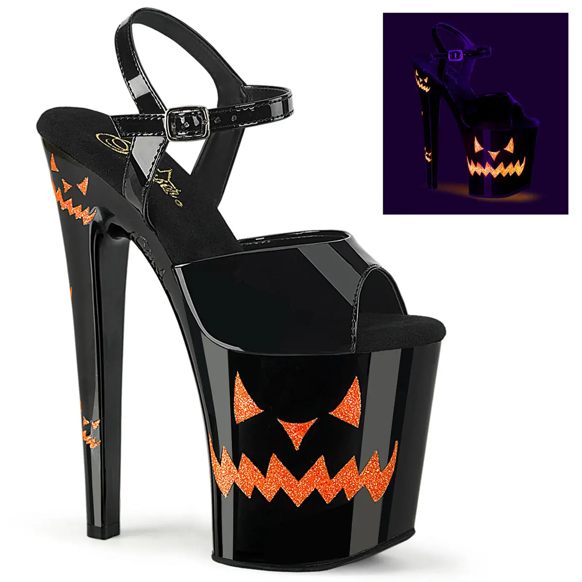 Pleaser Xtreme-809JOL Women's Ankle Strap Sandals, 8" Block Heels & UV Reactive Jack-O-Lanterns, Statement Shoes for a Halloween Aesthetic, Footwear, Platform, Fashion, Uv Blacklight Reactive, 8-Inch Heel, Creepy Jack-O-Lantern Faces, 8 In
