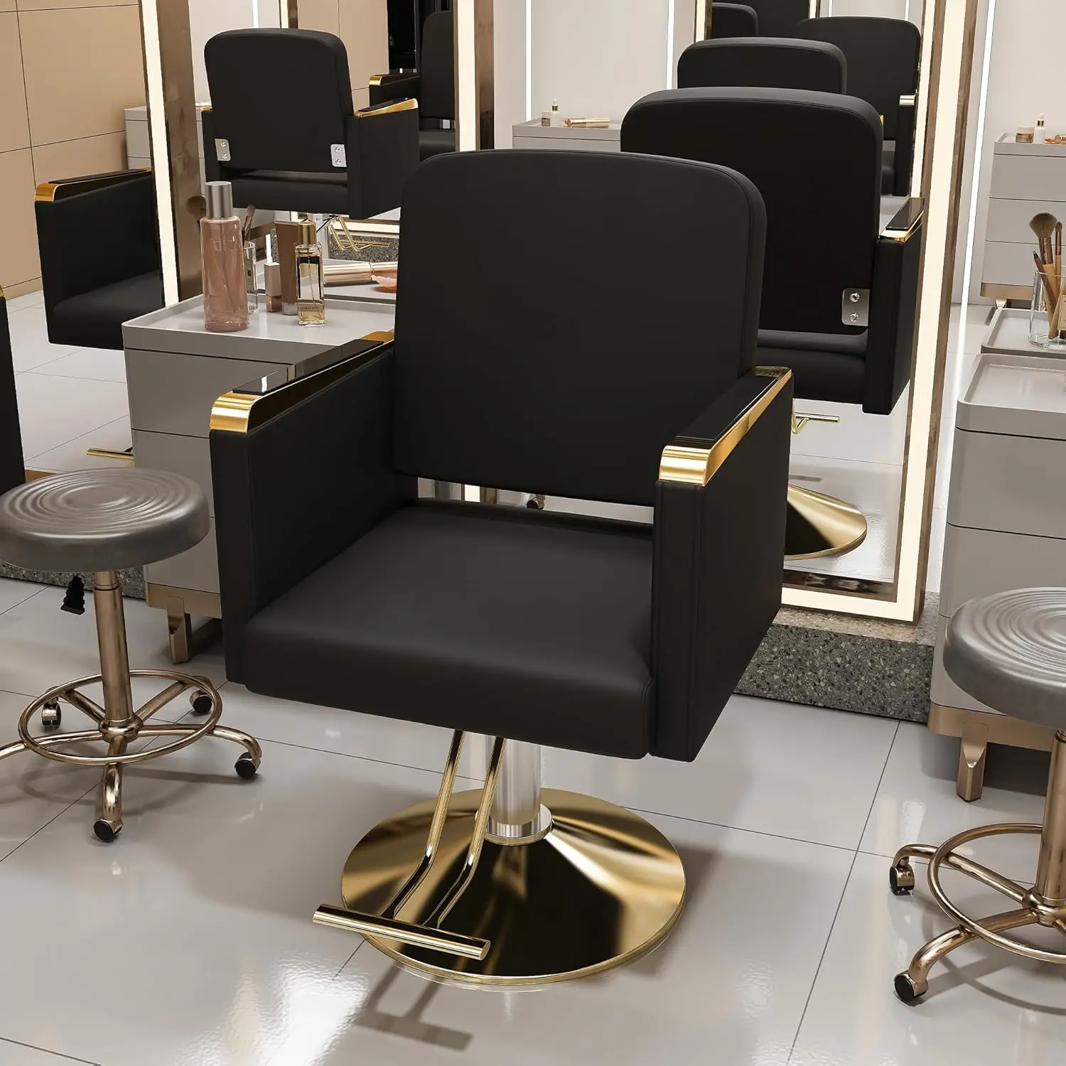 Hydraulic Salon Chair 360° Swivel - Professional Barber Stylist Chair with Pump, Non-Tilting Hairdressing Chair for Salon Tattoo Spa, Black Gold Stylist Equipment (Single Pack)