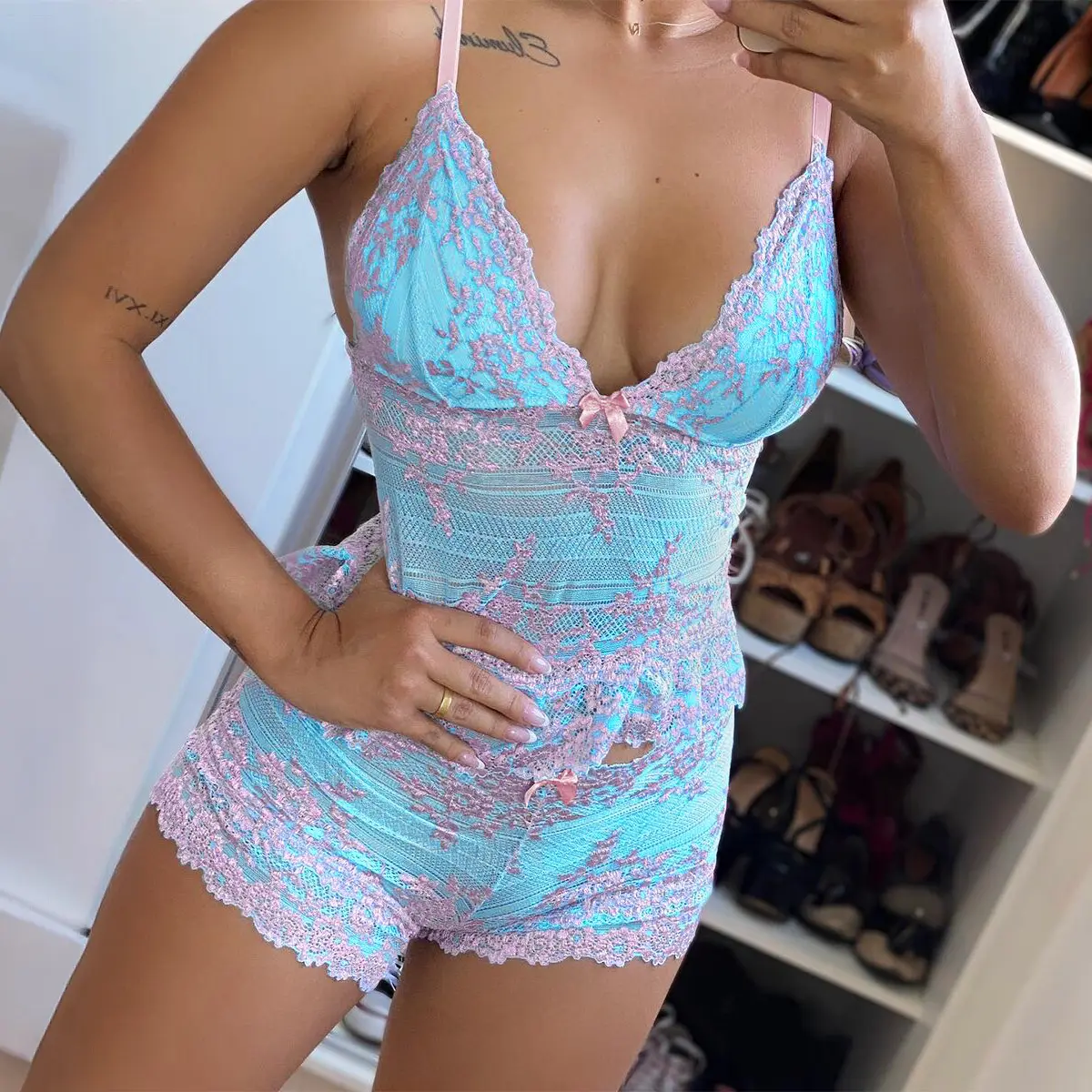 Women's 2-Piece Casual Style Aqua & Pink Pajama Set - Floral Lace Trim, V-Neck, Bow Detail, Contrast Color, Comfortable Clothes Products for Sleepwear & Loungewear (Cami Set Inclusive), Cute Sets For Women