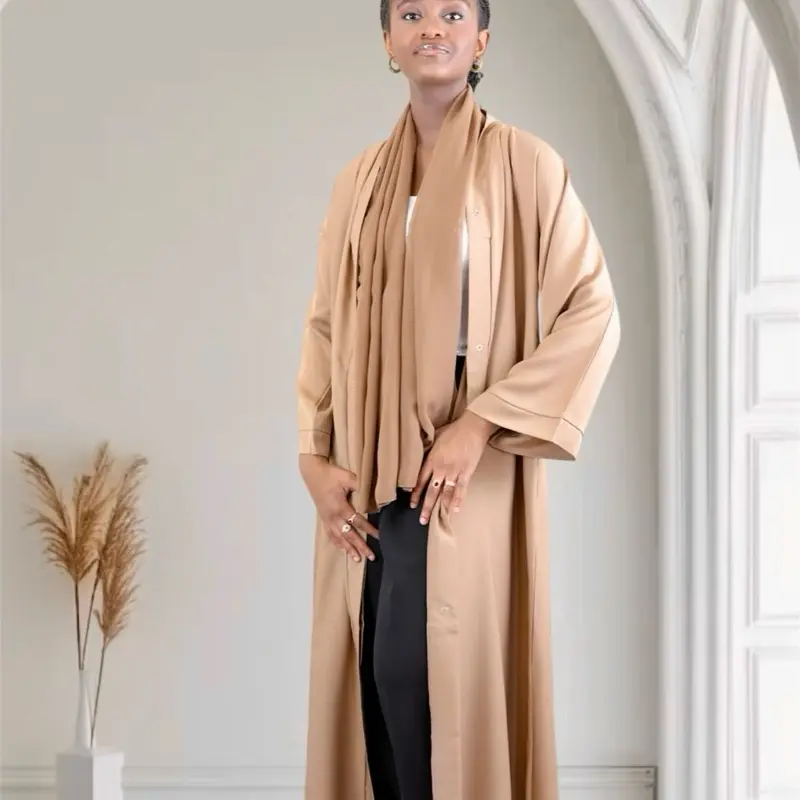 Open Front Button-Down Abaya with Matching Hijab | Light Brown Islamic Abaya comfy modesty Maxi