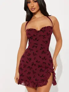 Julia Flocked Mini Dress - Wine