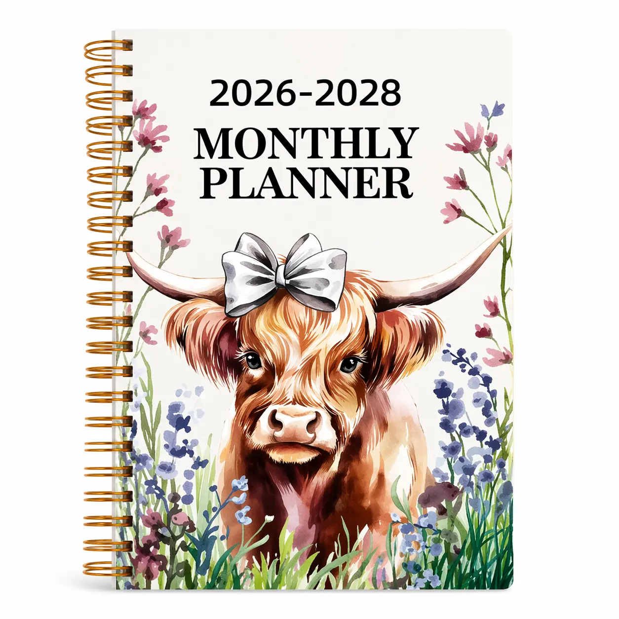 2026-2028 Highland Cow Floral 3-Year Schedule Planner, Weekly-Monthly Spiral Notebook with Yearly Planner & Monthly Pages, Durable Paper Cute Gift for Women, Ideal for Home Office Long-Term Plan Use