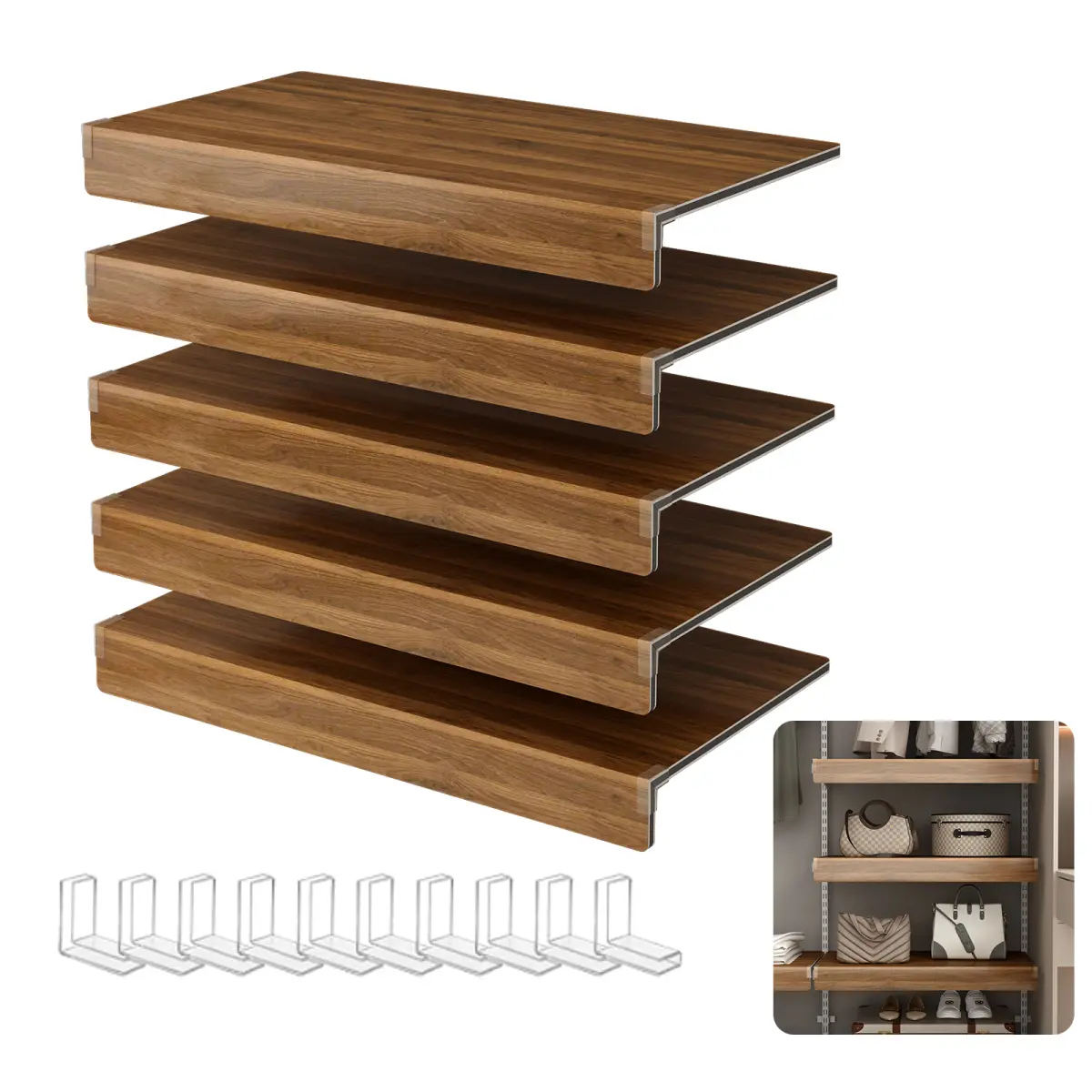 5-Pack Walnut Wood Grain Synthetic Foamed Plastic Wire Shelf Covers (30x12 in) - Removable Modern Right Angle Dust Covers for Indoor Kitchen Use, Home Care Supplies