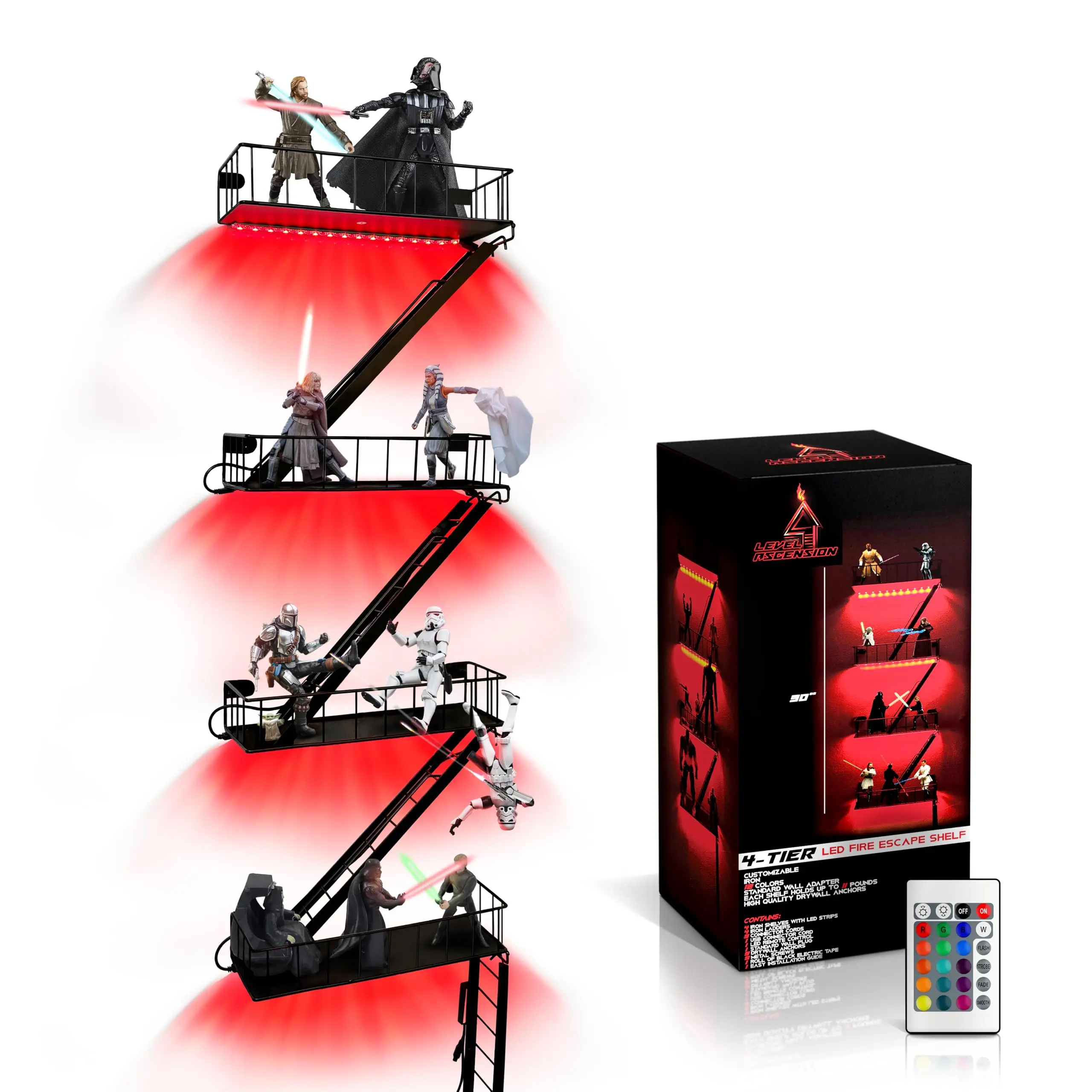 Level 4 Ascension Fire Escape Wall Shelf for Collectibles – Iron Fire Escape Shelf with Pre-Attached LED Light Strips, 12 Colors, Holds 44 lbs