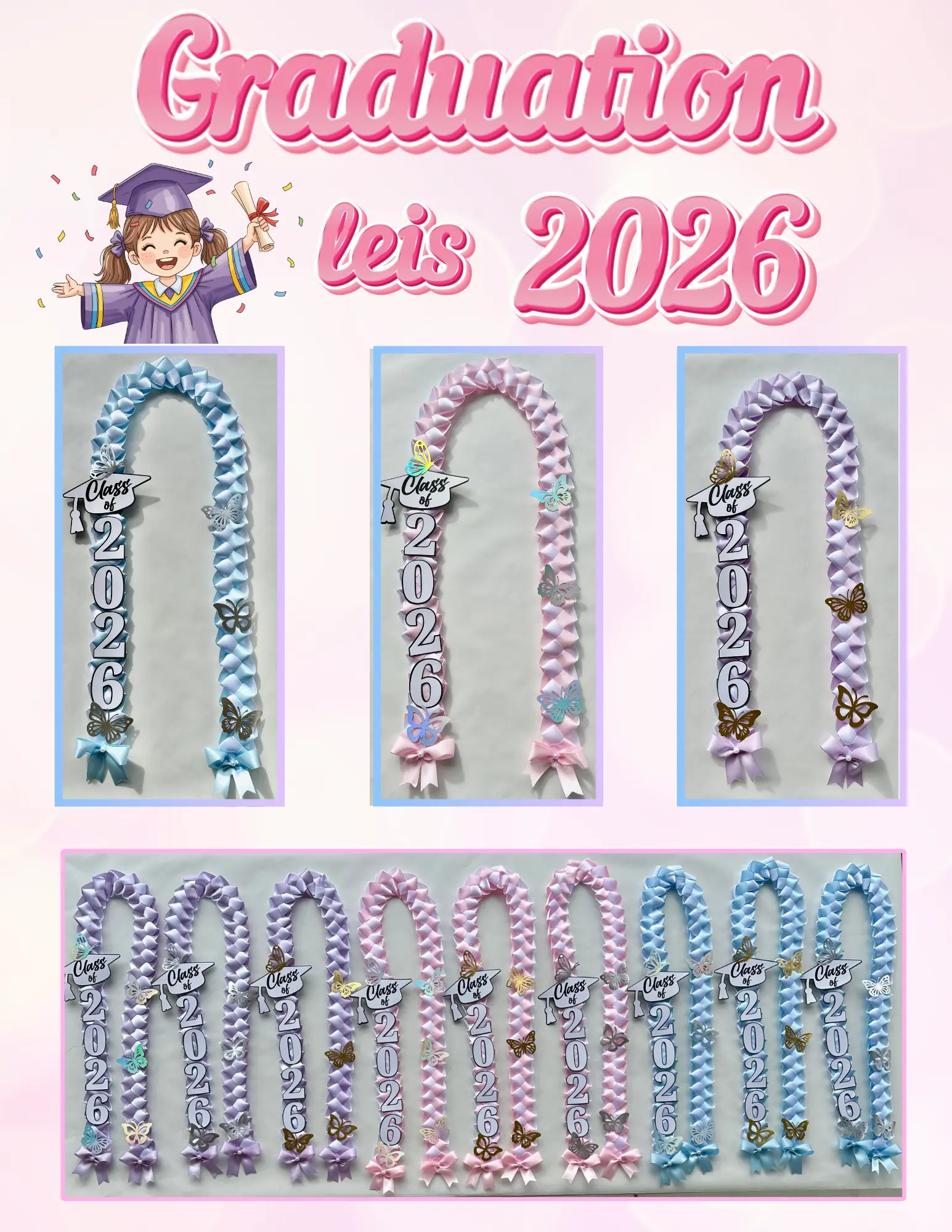 J and B Designs Handmade Graduation Lei Class of 2026 Braided Necklace with Cap Charm Customizable 2 Color Combos 26" Sustainable Gift Personalized Decor Vibrant Celebration Versatile Unique Personalized
