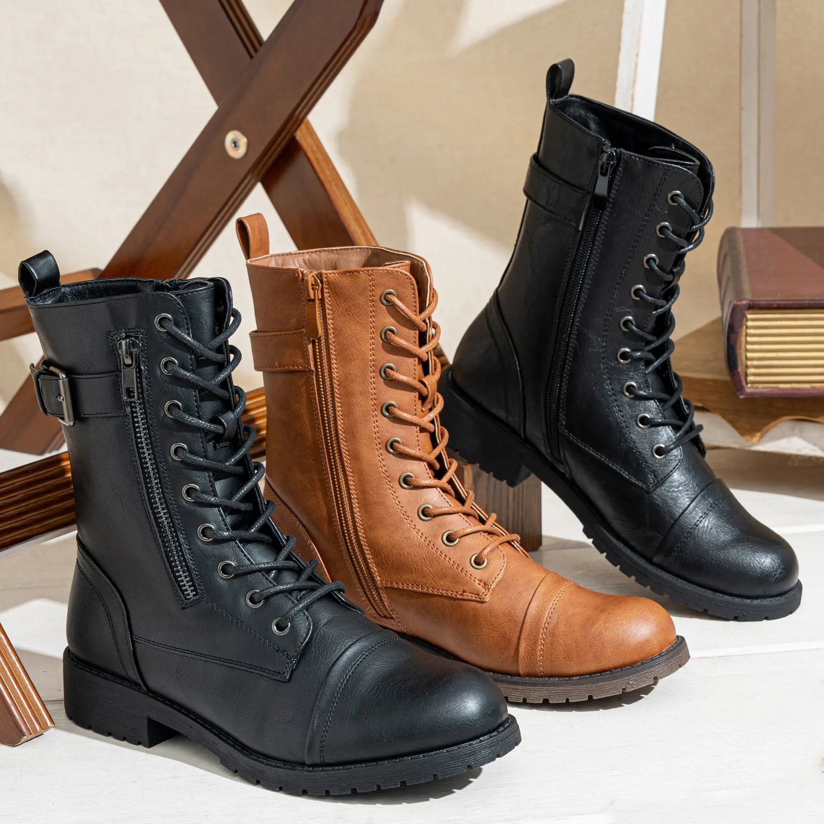 VEPOSE Women's Mid-Calf Military Combat Boots with Side Wallet Pocket, Lace-Up & Zipper Closure, Slip Resistant for Hiking & Walking, Footwear, Comfortable, Round Toe Boot, Block Heel, Leather, Comfortable Heels, Military Style, Rubber