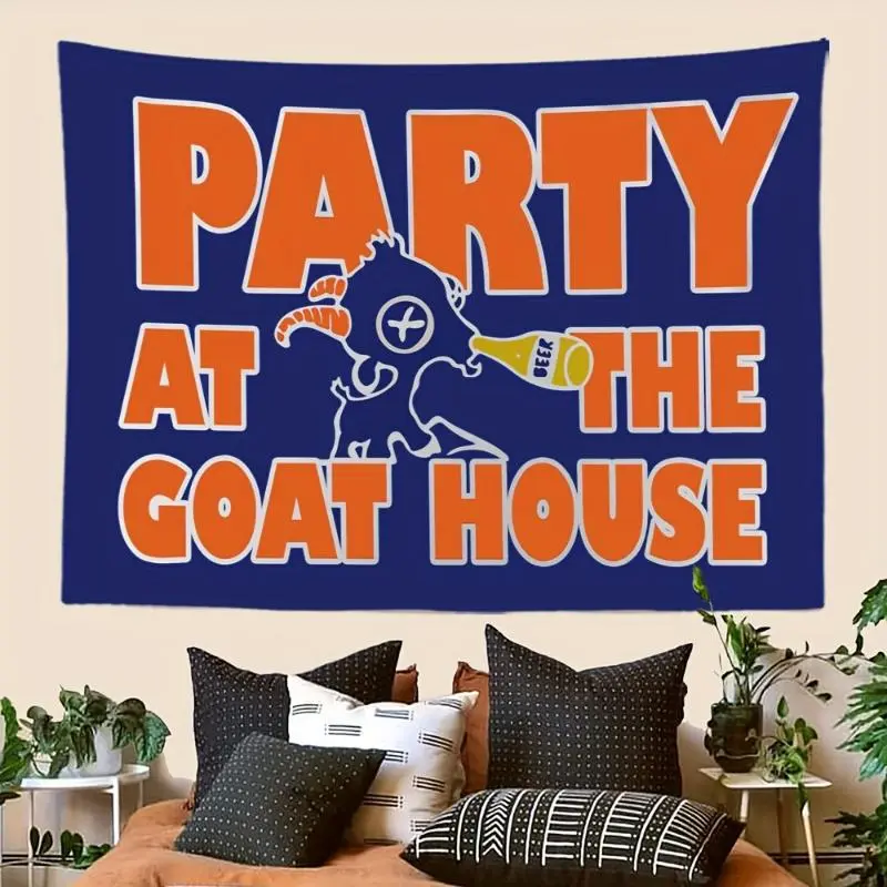 Tapestry  [1pc Fun Tapestry] 1pc Fun Inspirational Blue Mountain State Banger Party at the Goat House Tapestry |   Peach Light Beige Fabric with Bold Orange & White Lettering |   Perfect Holiday Gift for Dorm, Office, or Gym