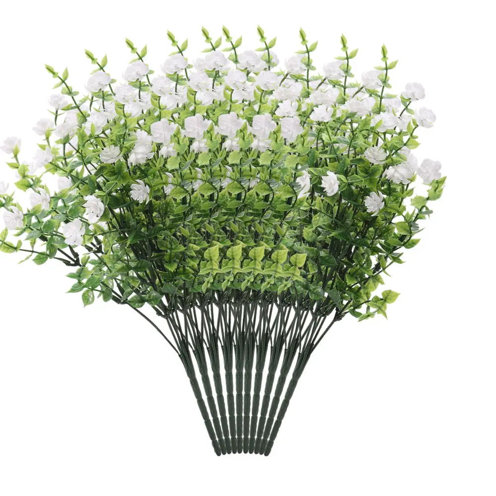10pcs Decorative White Plastic Eucalyptus Flower Plants - 13.39 inches Length, 8.6 inches Wide, UV-Resistant, Rain-Resistant, Eco-Friendly Simulated Decor with Natural Look for Home Living Room, Outdoor Use & Anniversary Gifting