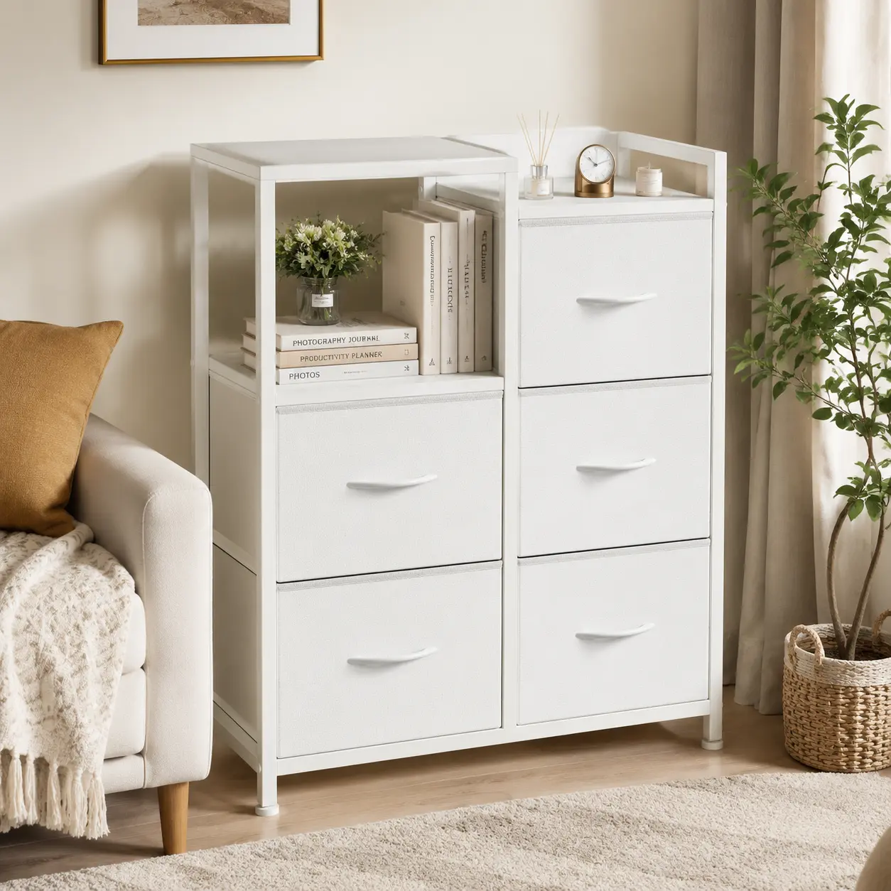 Sweetcrispy Sturdy Wood 5-Drawer Fabric Armoire Storage Cabinet with 2-Tier Shelf & Protective Pads - Modern Bedroom Dresser, Requires Assembly, for Room Decor, College Dorm Indoor Furniture Cupboard, Storage Organization