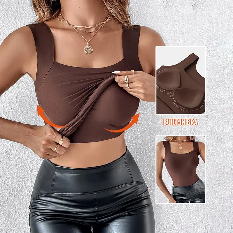 CHICME Built-in Bra Tank Tops U Neck Camisole High Strechy Seamless Women Going Out Tops Everyday Basic Tanks Padded Tops