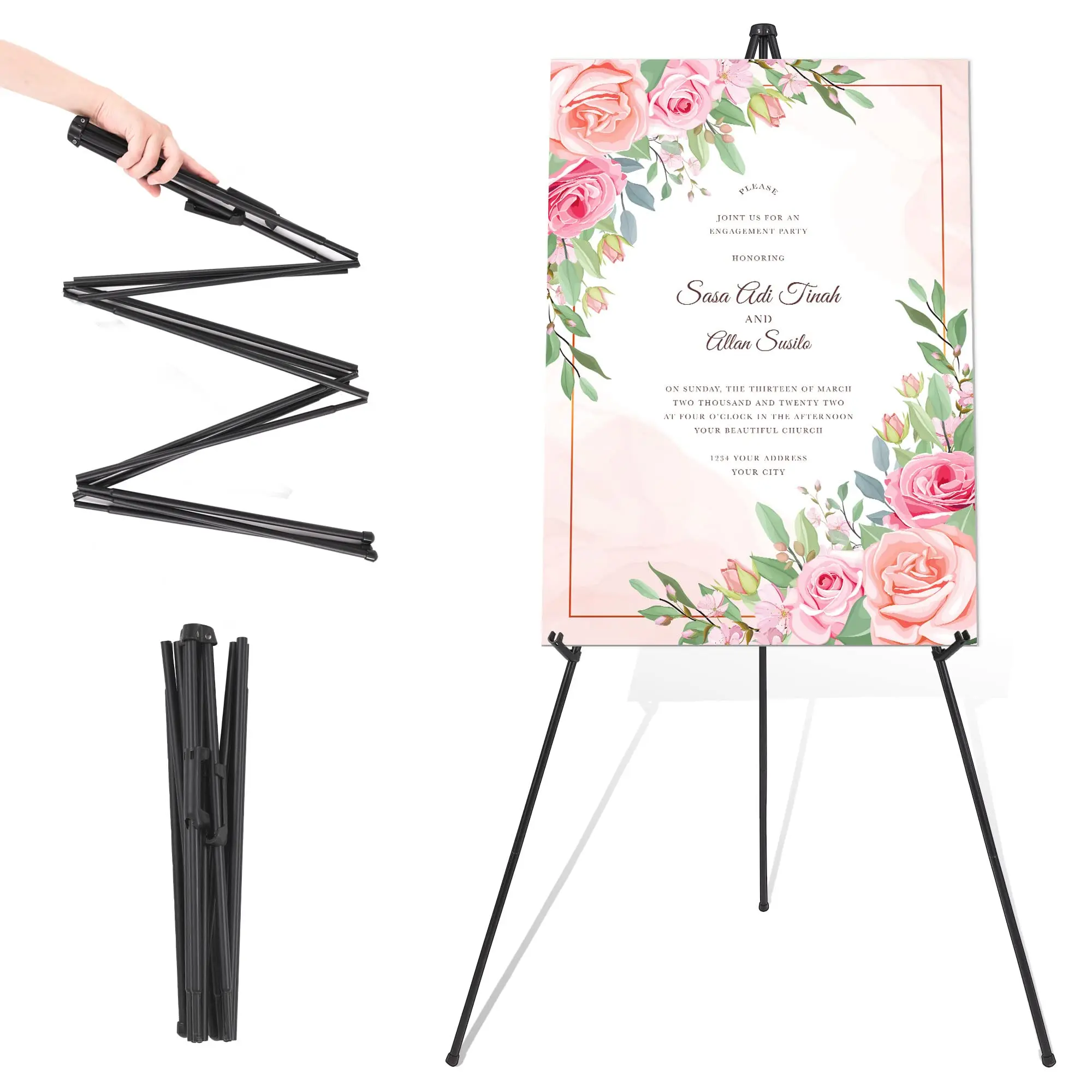 Portable Metal Tripod Easel Stand with Carrying Bag - Lightweight, Compact Foldable Home Organizer with Triangular Base, 10 lbs Load Capacity, Adjustable Height, 1 Unit for Wedding Signs, Art Wall Decor, Quick Setup, Flat Transport, Events