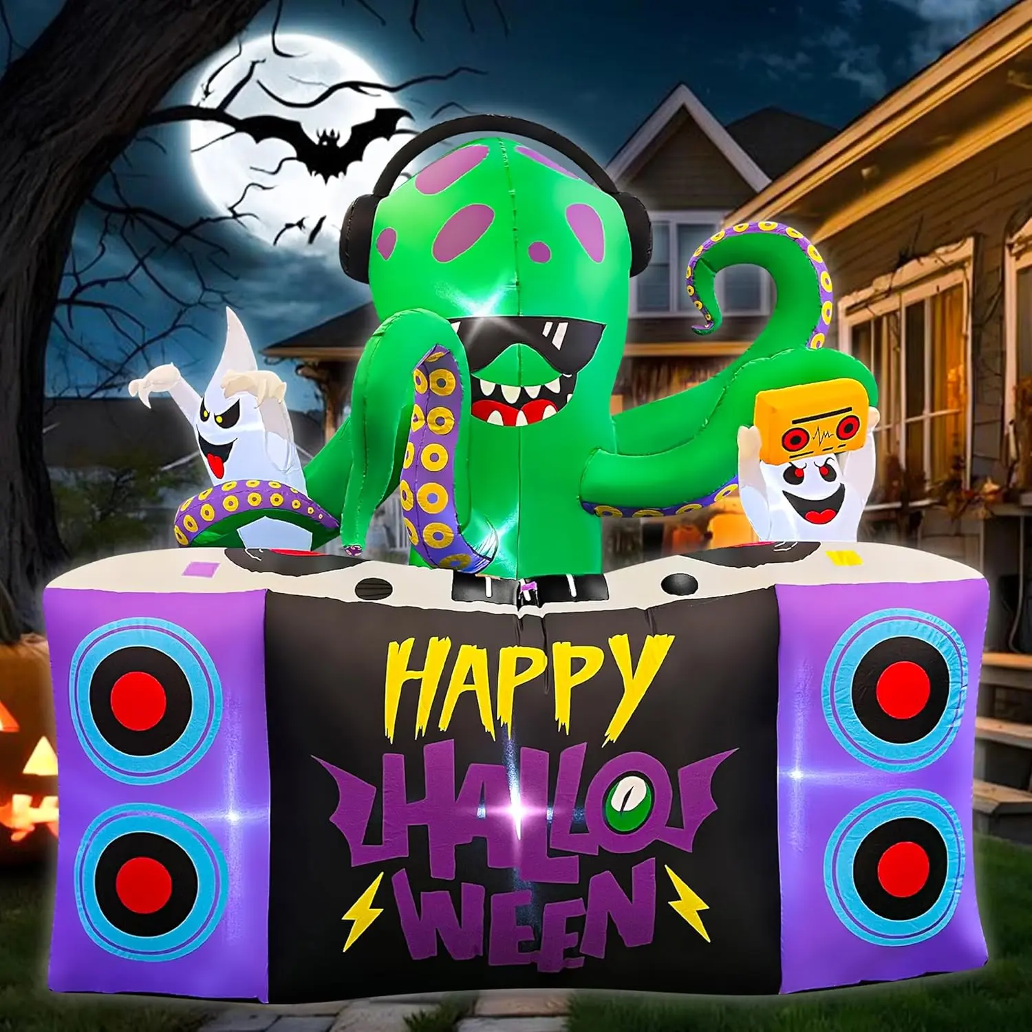 6ft Halloween Inflatable DJ Octopus Decor - Polyester, Built-in LED, Turntable Ghost, Cute Blow Up Ornament for Porch, Lawn, Party