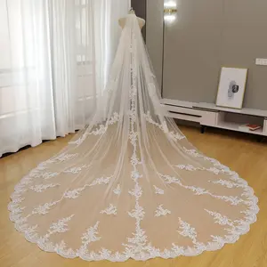 Bridal Cathedral Veil | Sheer Tulle + 3D Scroll Lace & Scalloped Edge