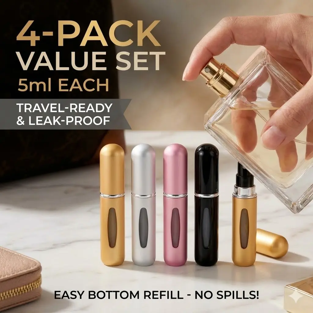 Youth Refillable Perfume Atomizer Multi-Pack (4-Piece, 5ml Each) - Leak-Proof Empty Perfume Bottles, Portable Compact Cosmetics Makeup Tools for Travel Storage
