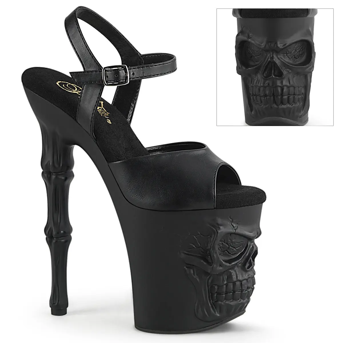 Women's Edgy Style Skull Platform High-Heeled Footwear - Rapture-809, Black Vegan Leather Synthetic Upper, 4" (100mm) Platform Heel (4 Inches Height), Black Vegan Leather/Black