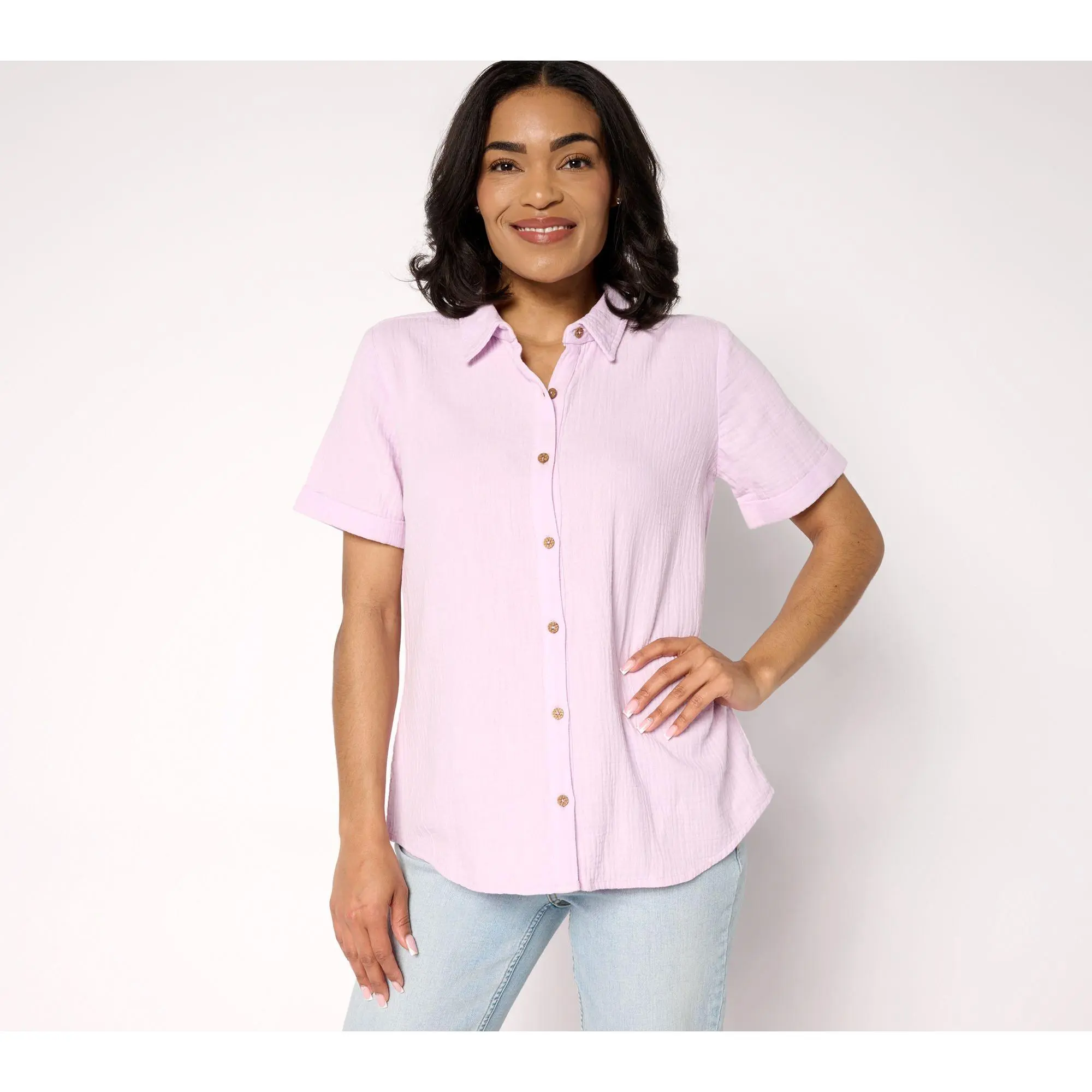 Susan Graver PURE Petite Cotton Gauze Button Front Tunic