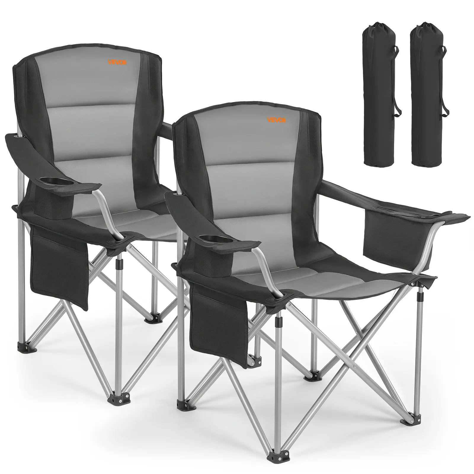 【SummerFinds】VEVOR 2-Pack Foldable Oversized Camping Chairs, 450 lbs Heavy-Duty Metal Frame, Cotton Abrasive-Resistant Padded Backrest & Armrests, Cup Holder, Side Pocket, 6-Can Cooler Bag, Carry Bag, Oxford Fabric Camping Gear for Outdoor Events, Fishing