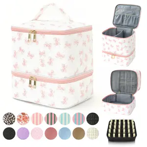 Double Layer Nail Polish Organizer Bag Valentine's Day Gift Quilted Portable Cosmetic Pouch Water-Resistant Lightweight Travel Case for Manicure Tools Nylon Matte Makeup Storage Smooth Jewelry Box Fits Nail Lamp Girlfriend Present Minimalist Cover