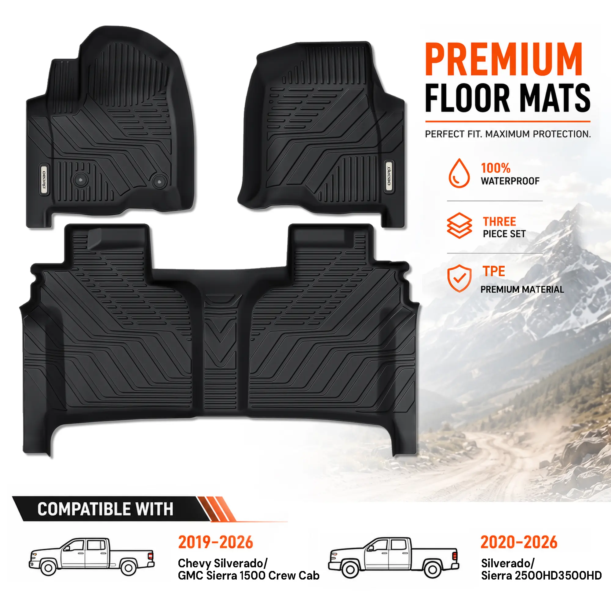 OEDRO TPE Floor Mats fits Chevrolet Silverado GMC Sierra 1500 2019-2026 & 2500HD 3500HD Crew Cab 2020-2026, All Weather, Waterproof