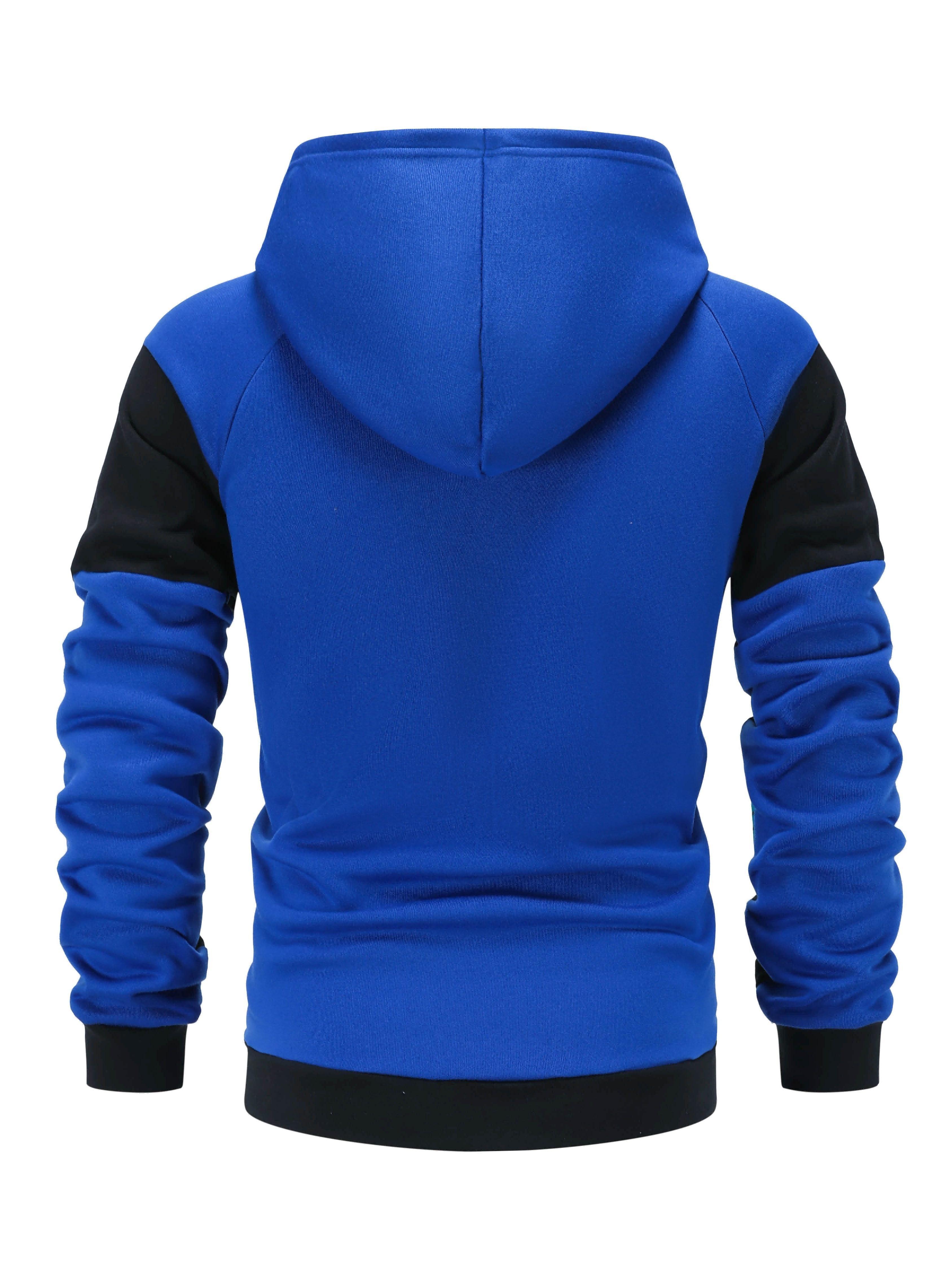 Fashionable Men's Color Block Hooded Sports Set – Zippered 2-Piece Casual Sportswear, Suitable for Everyday Wear