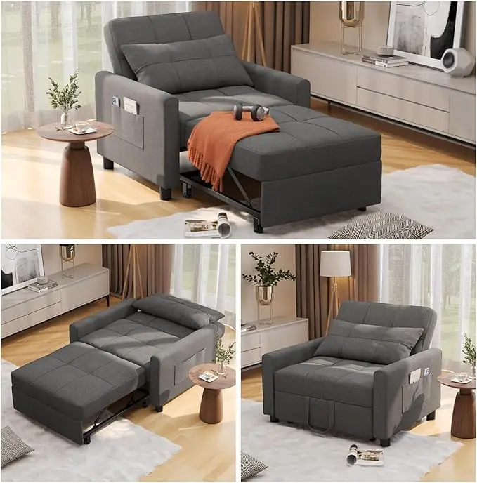 GIZOON 3-in-1 Sleeper Chair Bed Convertible Sofa, Dark Gray | Convertible Chair, Recliner and Bed in One. Linen Fabric with Sturdy Frame, Ideal for Apartments and Small Spaces