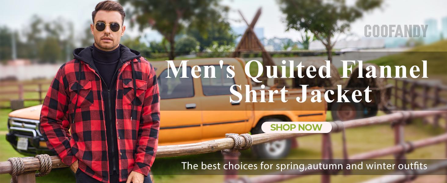COOFANDY Men's Quilted Lined Flannel Shirt Jacket with Hood Long Sleeve Plaid Shirt Jacket