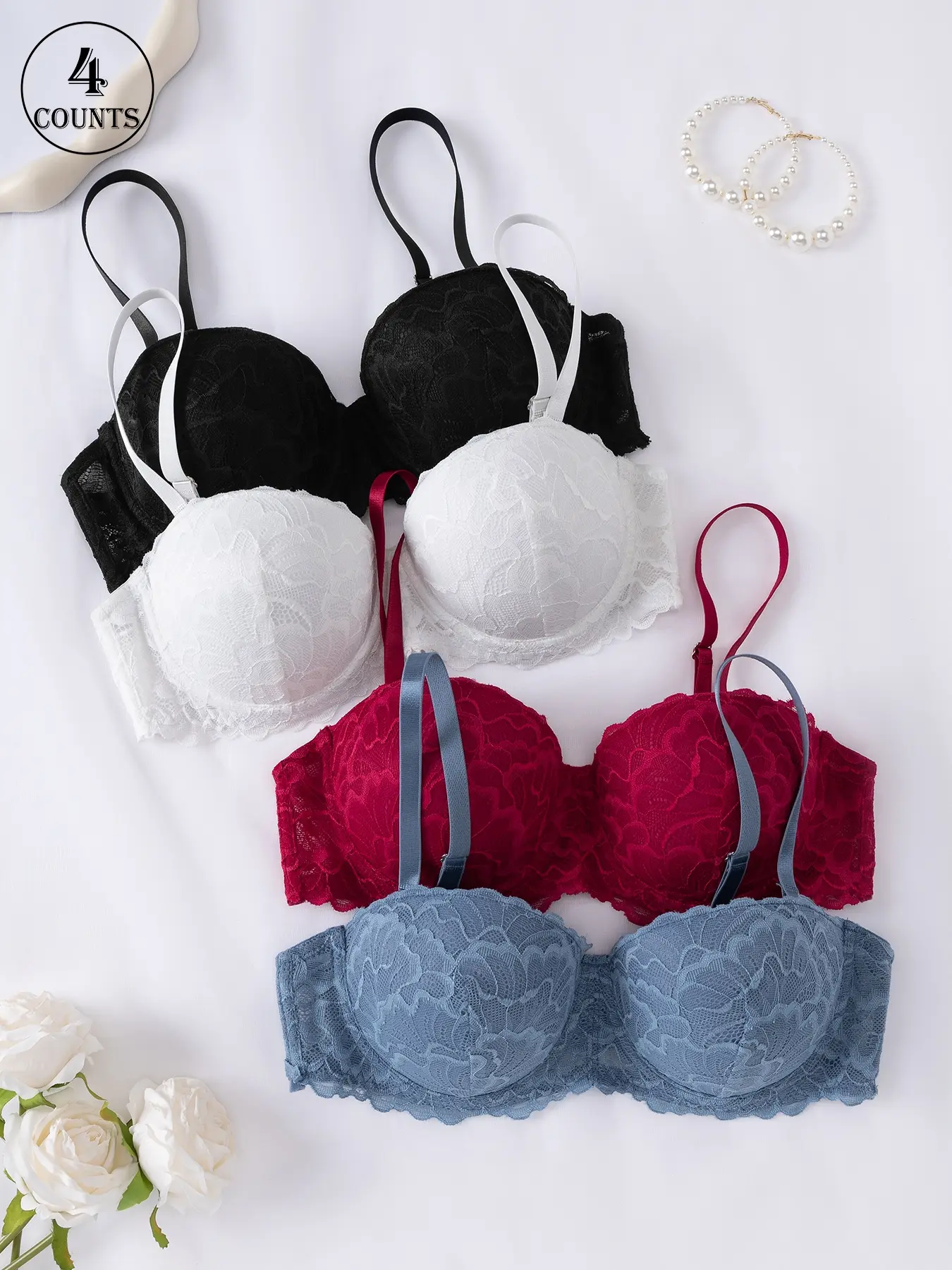 4-piece Solid Color Lace Floral Bra, Backless Lace Bra, Unlined Lace Bra, Balconette Bras, Underwire Push Up, Push-Up and Lift to Enhance Bust Shape, Lace-Trimmed, Lightweight, Breathable and Comfortable, Solid Color Underwear for All Seasons Pack Bras