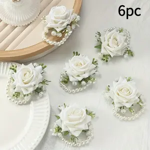 Six Graceful Rose Wrist Corsages with Pearl Chain Adornments Perfect for Weddings Anniversaries and Formal Events 6pc Set