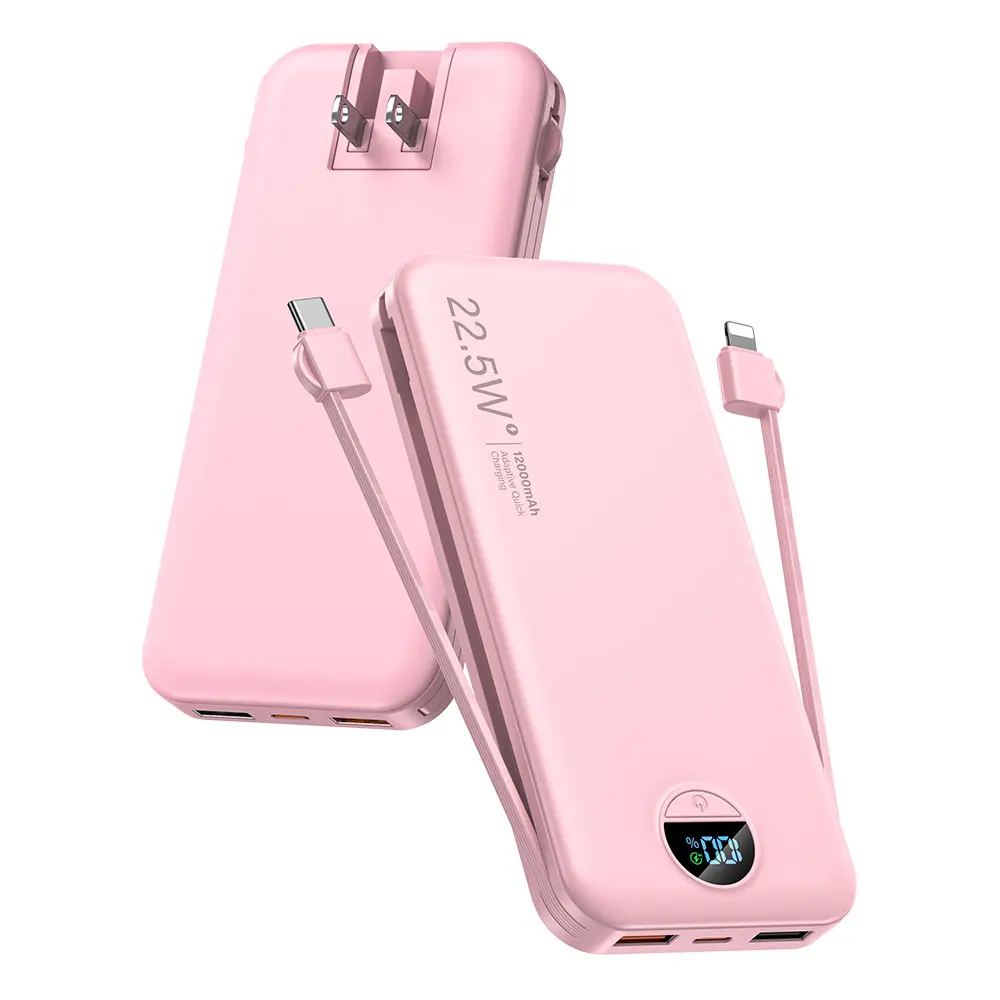 Diamuar Ultra-Thin 12,000mAh Power Bank with Built-in AC Plug & Cable, USB-C PD20W Fast Charging, LED Digital Display, Portable Charger for iPhone Androi fathersdaygift backtoschool Usb Dual Power Usb Battery Adapter,back to school,back to school haul