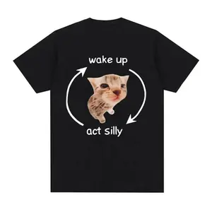 Wake Up Act Silly Cat Meme T-Shirt - Funny Cute Cat Oversized  Tee Casual Short Sleeve For Cat Lover Woman Man Unisex,graphic