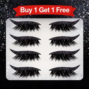 Buy 1 Get 1 Free Glue-Free Self-Adhesive Eyelashes 4 Pairs Curly 3D Volume False Lashes Reusable Eyeliner Sticker Black Daily Cosmetic Essentials Set