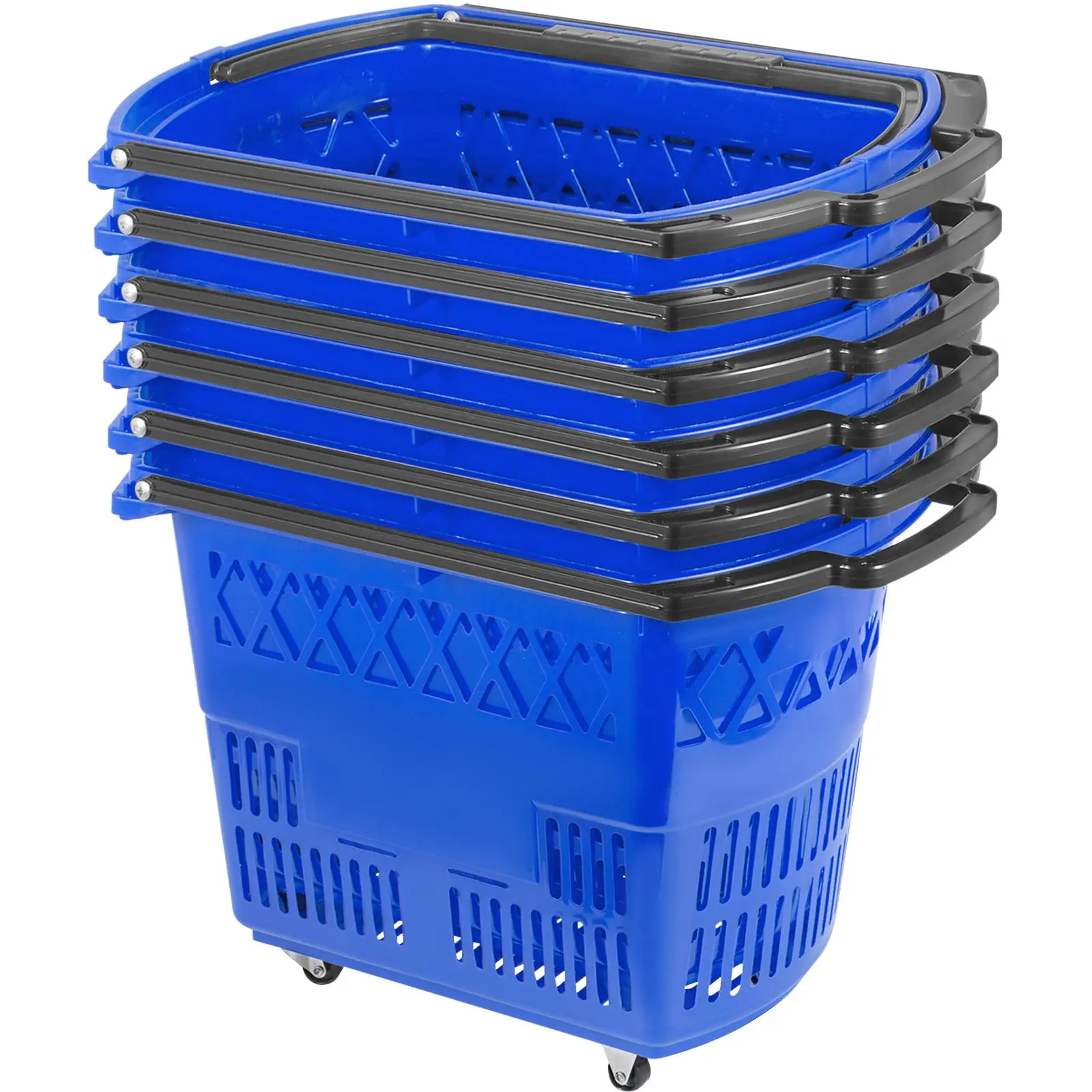 【SummerFinds】6-Pack Plastic Shopping Baskets with Smooth Castor Wheels, Handle, Open Top, 14.6 x 7.5 x 13 in, 75 lbs Max Load, Portable Storage Organiser, Multipurpose Basket