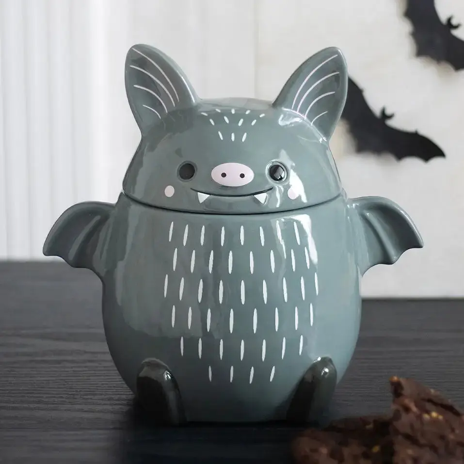 Ceramic Cute Bat Cookie Jar with Lid, Kitchen Storage Container for Witchy Spaces, Ideal for Coffee & Tea Treats