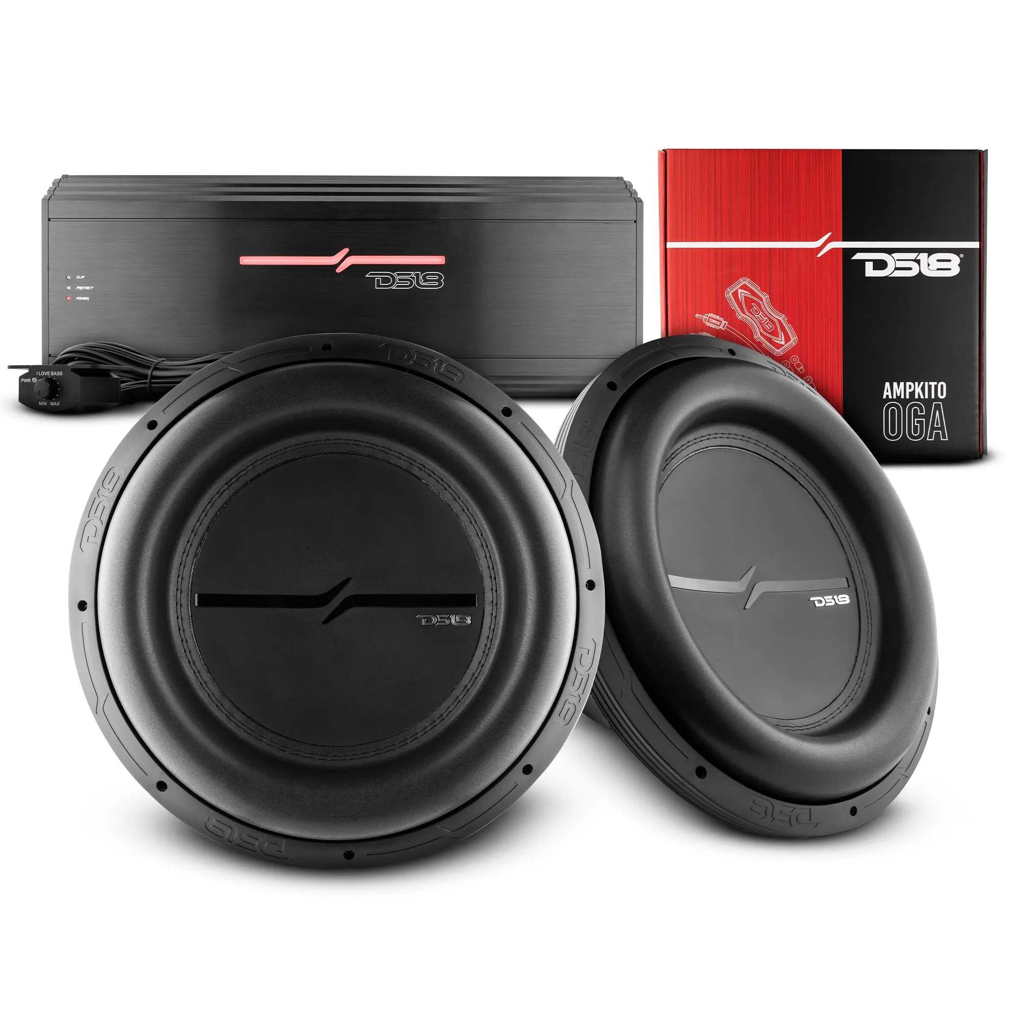 DS18 ZXI15.4D-PKG Car Audio Bass Package - 2 x 15" Subwoofer Car Speakers, ZR2000.1D 1-Channel 1-Ohm Monoblock Amplifier, AMPKIT0, Bass Knob, 15Hz-900Hz Frequency Range