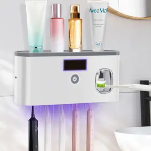 PHANCIR Upgraded Toothbrush Holder for Bathrooms,5-Slot Wall Mount Toothbrush Sanitizer & Timing Function Wall Mounted with Toothpaste Dispenser for Electric / Regular Toothbrush