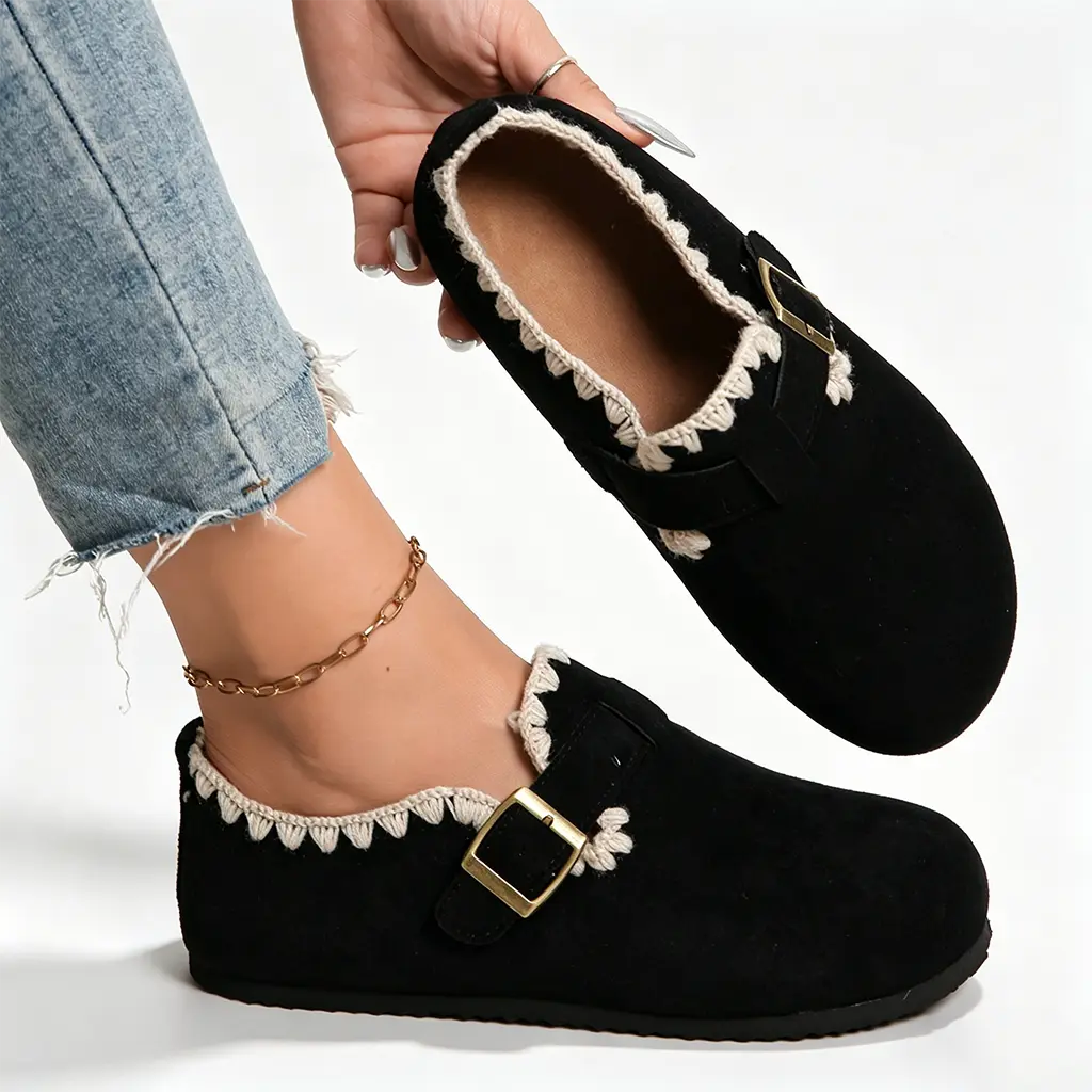 Women's Soft Bohemian Slip-On Flats - Crochet Trim, Round Toe Synthetic Loafers with Adjustable Buckle, Cushioned Rubber Footwear for Casual Wear, Shoes for Women