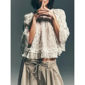 Women's lace floral ruffled standing collar raincoat top trumpet shaped half sleeved ruffled shirt bell shaped sleeve transparent mesh see through loose A-line shirt flowing shawl cape party club uniform