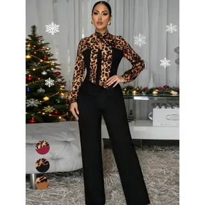 Spring women's new collection: leopard patch button sweater, lace up wide leg pants, fashionable multifunctional tie shirt two-piece set, high-end office professional fashionable tight fitting set